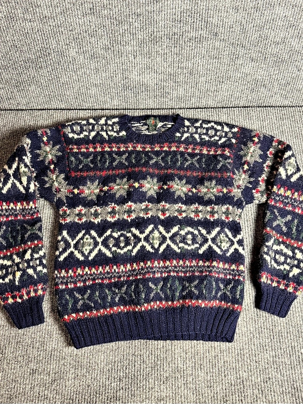 Vintage J.Crew Fair Isle Geometric Crewneck Blue & Red Large